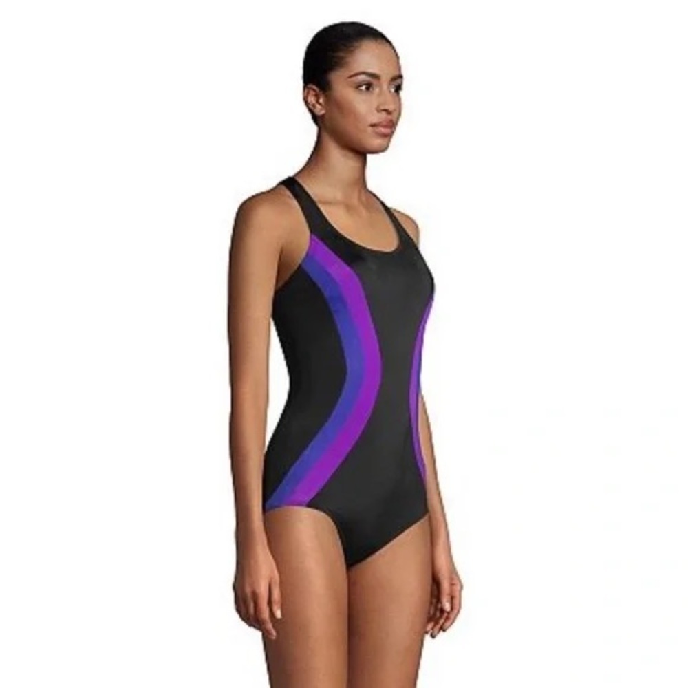 New Lands' End Black and Purple One-Piece Swimsuit - Picture 2 of 5